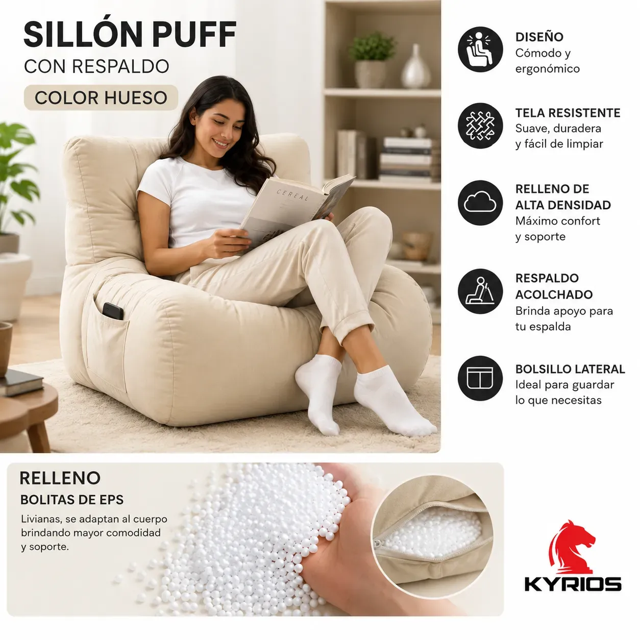 Sillón puff con respaldo Color HUESO - Imagen 5