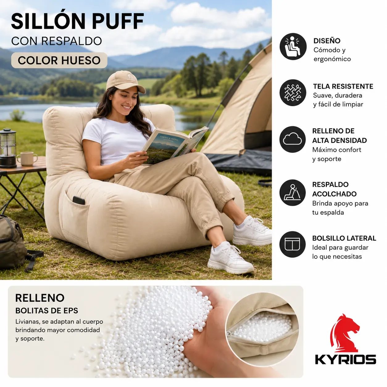 Sillón puff con respaldo Color HUESO - Imagen 4