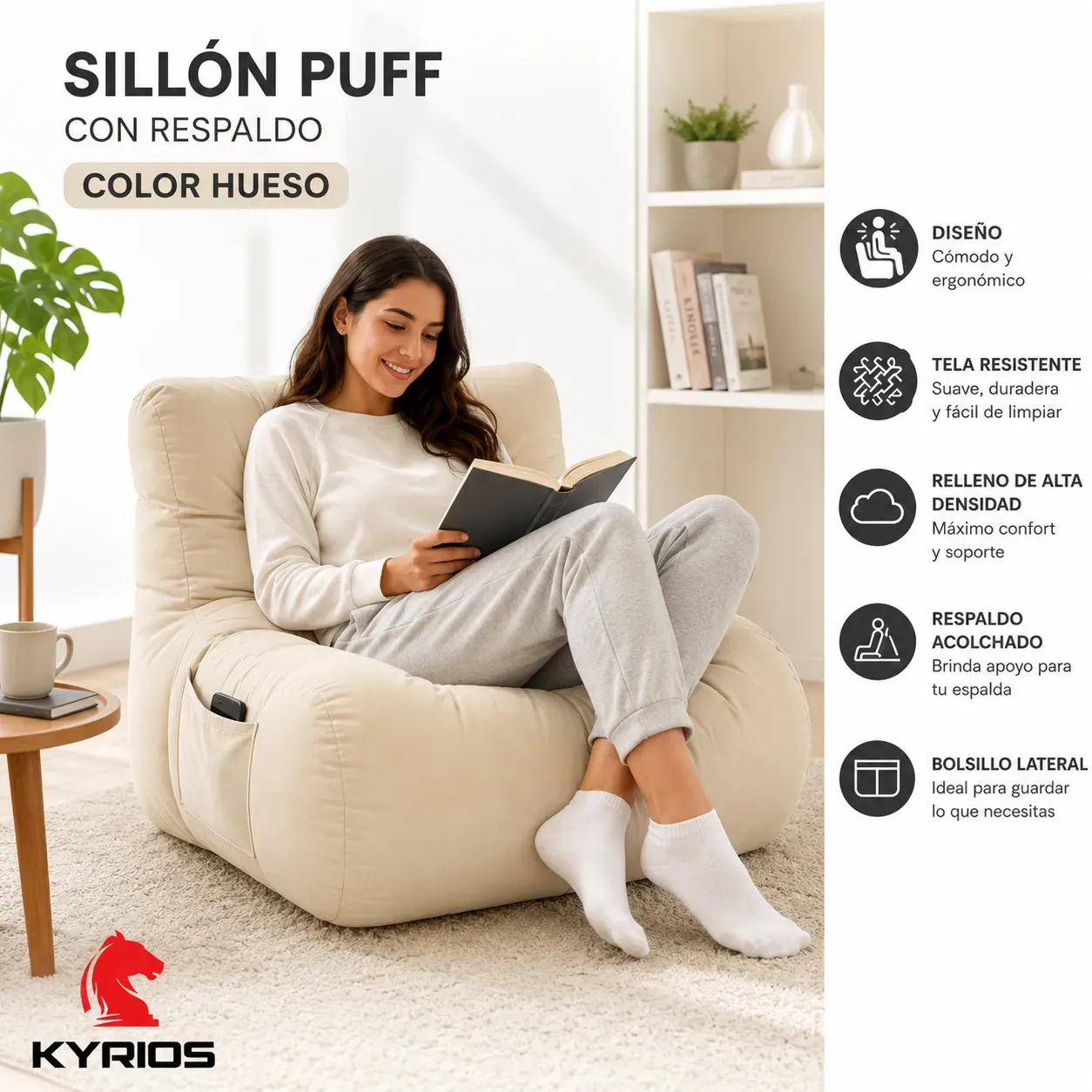 Sillón puff con respaldo Color HUESO - Imagen 3