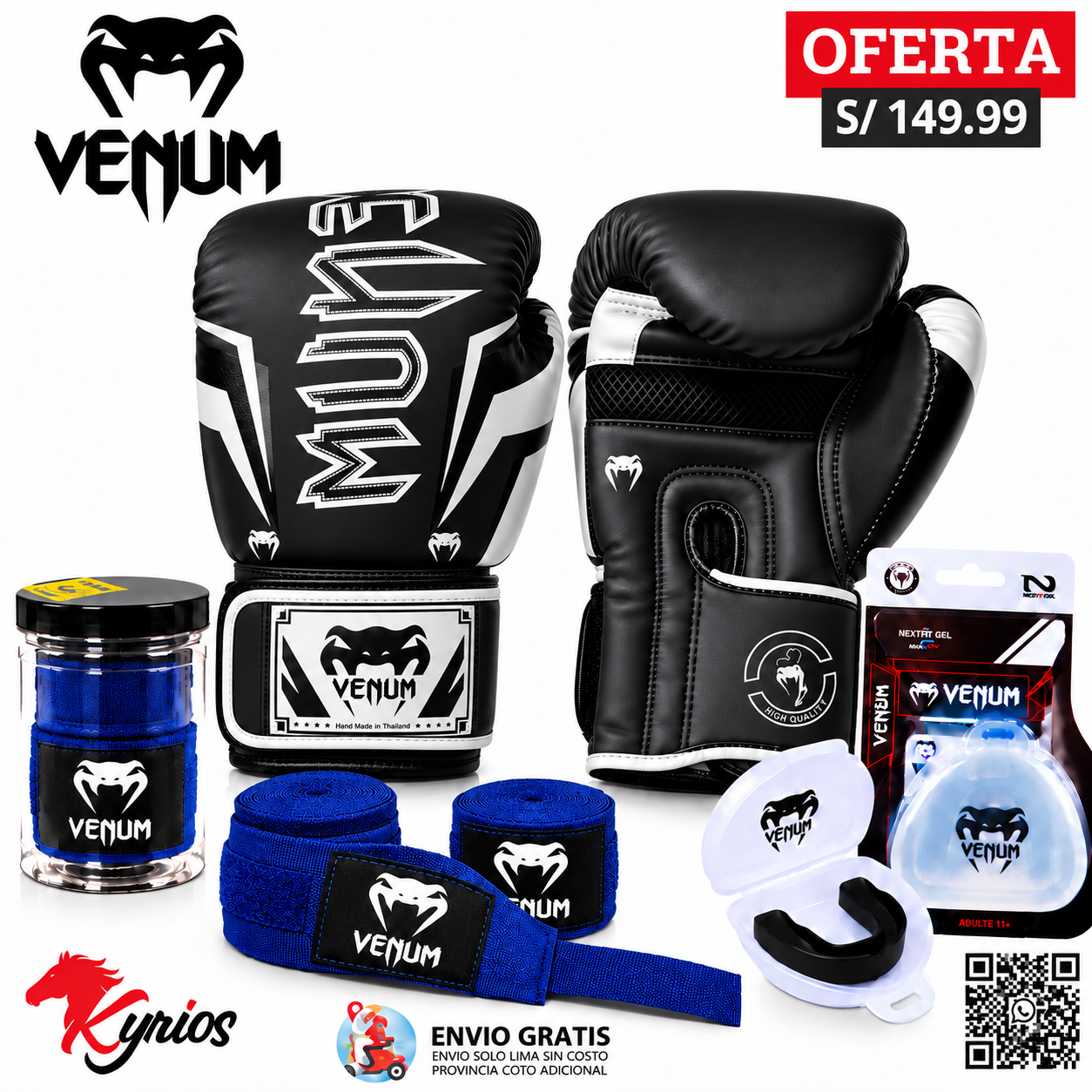 KIT DE BOXEO GUANTES DE 12OZ +VENDAS AZUL 5MT + BUCAL VENUM - Imagen 4