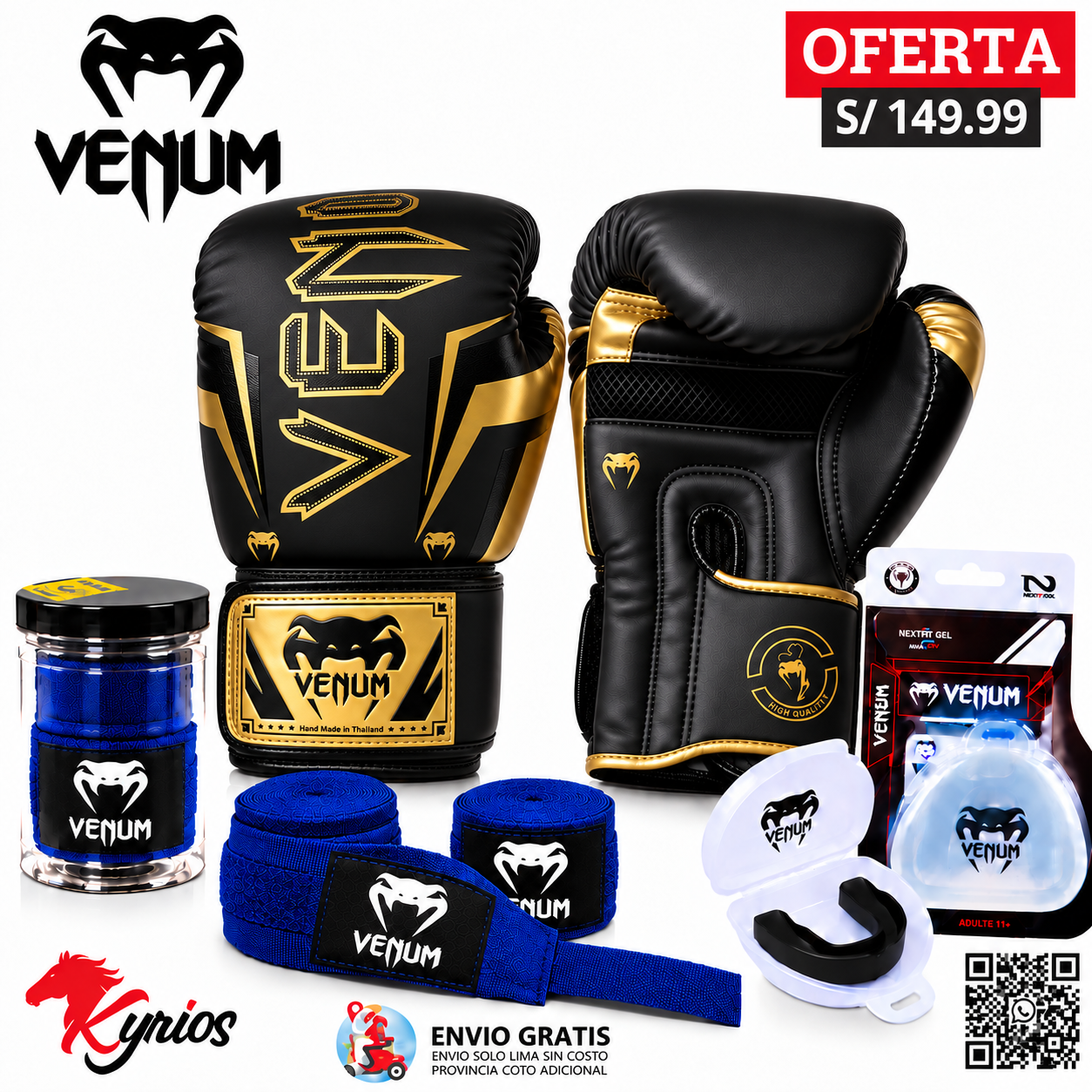 KIT DE BOXEO GUANTES DE 12OZ +VENDAS AZUL 5MT + BUCAL VENUM - Imagen 3