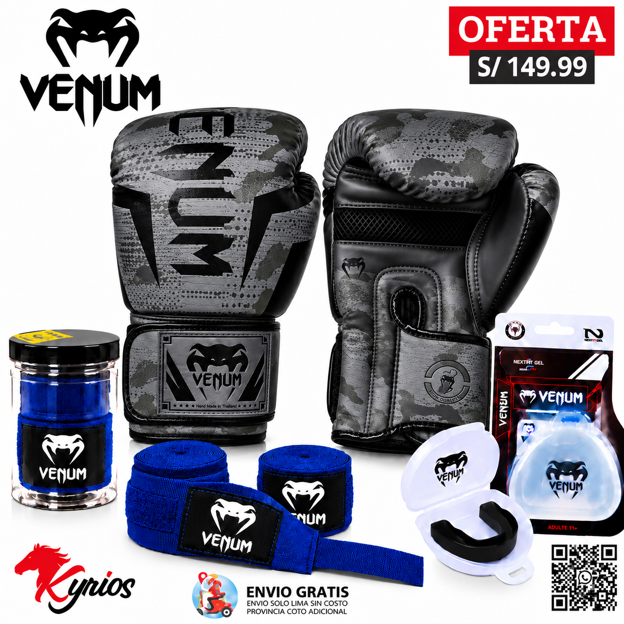 KIT DE BOXEO GUANTES DE 12OZ +VENDAS AZUL 5MT + BUCAL VENUM - Imagen 2