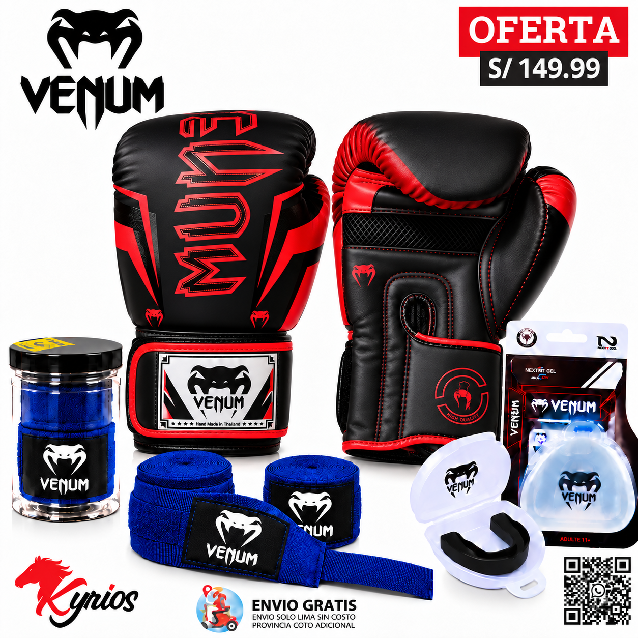 KIT DE BOXEO GUANTES DE 12OZ +VENDAS AZUL 5MT + BUCAL VENUM